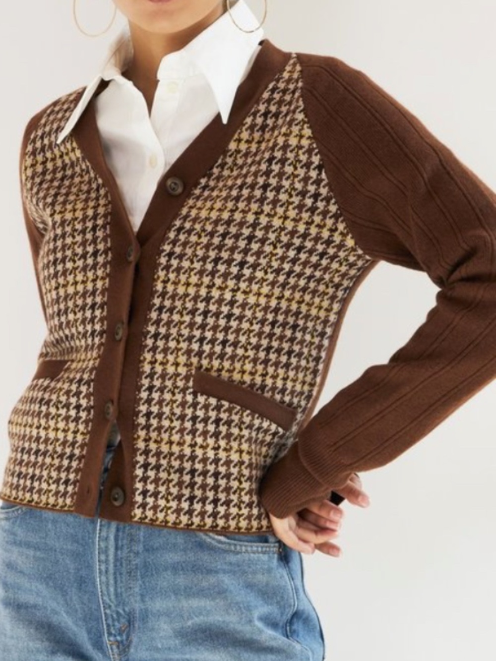 RE/DONE 60's Slim Brown Cardigan Houndstooth Classic Comfort Fall Winter z L